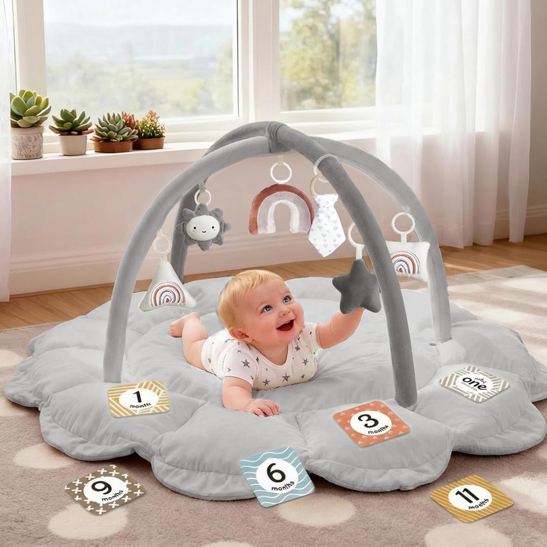 5-in-1 Thick & Plush Baby Play Gym, Baby Play Mats for Floor, Tummy Time Mat with 6 Toys, Convertible Stage-Based Developmental from Babies to Toddlers, Ball Pit, Pet Cushion Cloudico, Grey