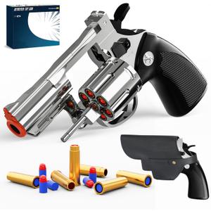 Revolver Toy Gun with Holster Silver - Soft Bullet Western Cowboy Prop Revolver Gun Plastic Play Guns Pistol for Kids Boys Age 6+ Foam Blaster CS Toy Rifle Sniper Small Hand Gun Cosplay Shoot Games