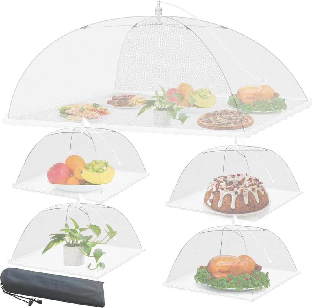 Mesh Food Covers for Outside - Upgraded 1 Extra Large 40x24 in & 4 Large 17x17 in Outdoor Party Food Cover Tent Collapsible Picnic Nets Umbrella Screen Pop Up Food Dome (White)