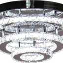 Modern Crystal Chandelier, 13.7" Round 3-Tier Rings, Integrated LED 42W, 6000K Cool White, Non-Dimmable Flush Mount Ceiling Light for Bedroom/Living Room/Hallway