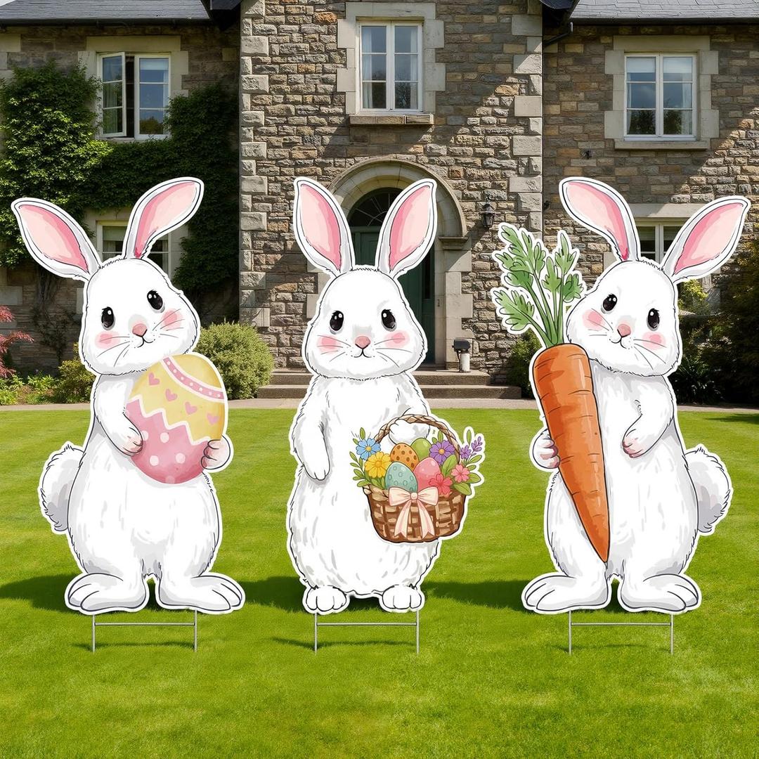 Vicenpal 3 Pcs Large Easter Decorations Outdoor Easter Yard Signs with Metal Stakes 31.5 Inch Bunny Garden Decorations Rustic White Rabbits Outdoor Waterproof Lawn Sign for Party Patio Lawn Decor