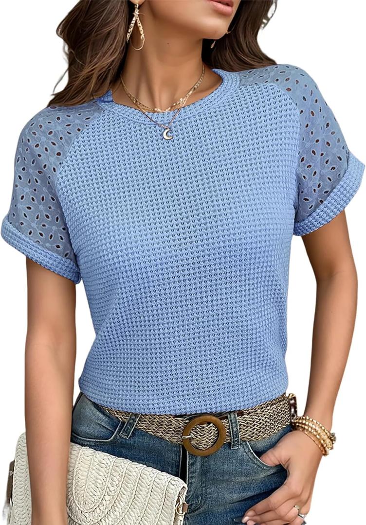 Women's Waffle Knit Tops Going Out Short Sleeve T Shirts Trendy Summer Tunic Casual Hollow Out Crochet Blouses (Blue, M)