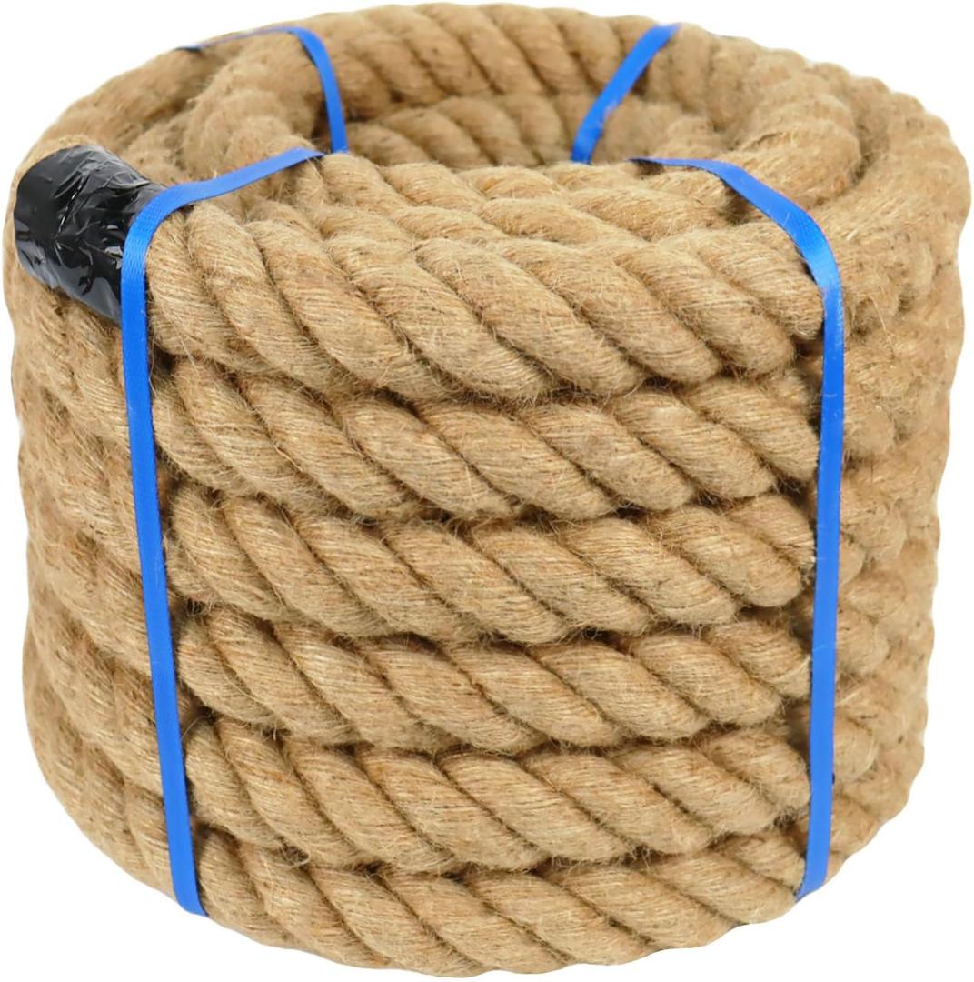 2 Inch Natural Jute Rope, 50 Feet Thick Hemp Rope, 4 Strands Twisted Manila Ropes for Docks, Nautical, Raliings, Decorating, Indoor/Outdoor Use