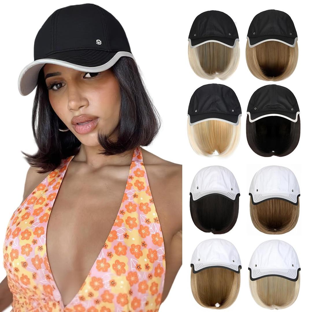 Quick Dry Hat with Hair Extensions Sun Protection Hat Wig Lightweight Outdoor Baseball Cap Attached 13" Short Straight Hairpiece Synthetic for Women Dark Brown