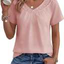 Falechay Women's Blouses Summer Short Sleeve Boho Tops V Neck Pleated Casual Flowy Loose Fit Cute Basic Tunic 2XL