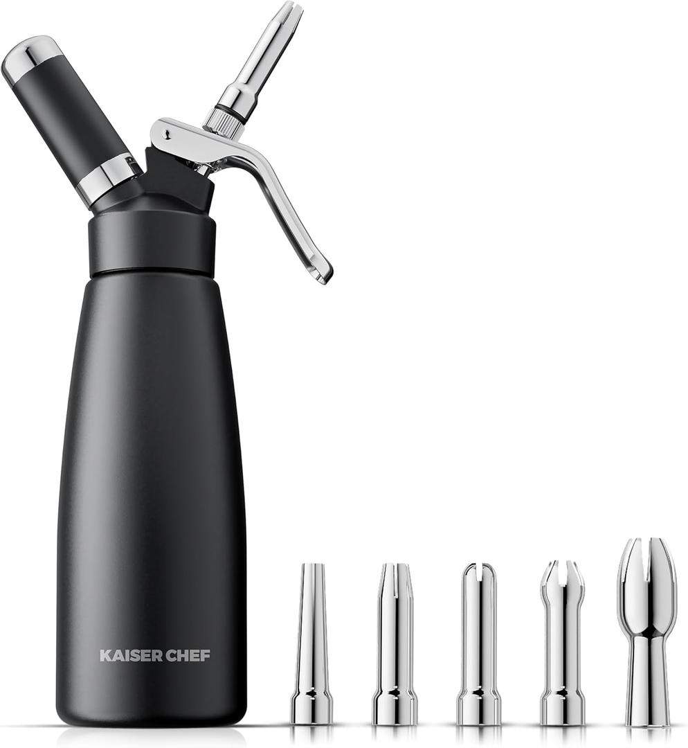 Professional Aluminum Whipped Cream Dispenser - 500 mL/1 Pint,Leak-Free Whipped Cream Maker Canister with 5 Decorating Nozzles & Cleaning Brush - for Desserts, Coffee Foam & Cold Foam (Black, 500ml)