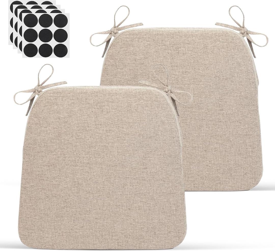 Chair Cushions for Dining Chairs - 17" x 16" x 2" D-Shaped Indoor Seat Cushions - Non Slip Chair Pads with Removable Ties and Washable Cover Set of 2 - Chair Leg Pads Included - Beige