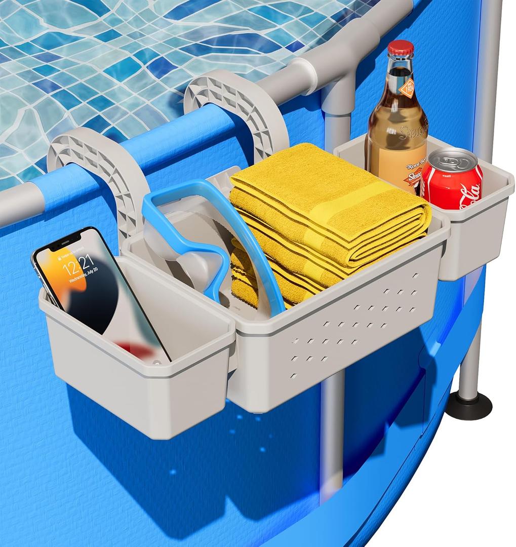 Poolside Storage Basket with 2 Cup Holder, Stretchable Pool Toy Basket for Towels Beverages, Pool Accessories for Most Frame Above Ground Swimming Pools (1 Pack), Grey