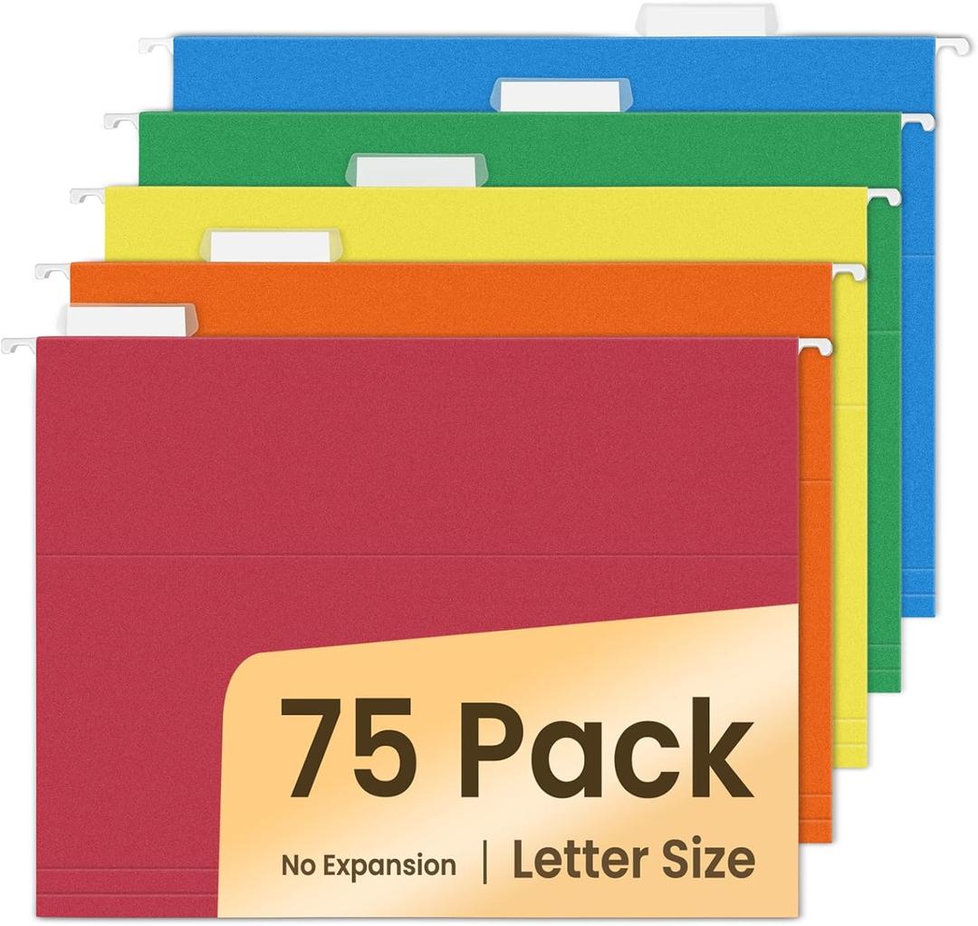 SUNEE Hanging File Folders, Assorted Colors - 75 Pack, Colored File Folders Letter Size with 1/5-Cut Tabs, Ideal for Organizing Home and Office Documents