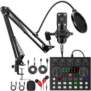 Podcast Equipment Bundle, BM800 Podcast Microphone Bundle with V8s Voice Changer, Condenser Microphone Recording Studio Package for Podcasting Live Streaming Singing PC Mobile TikTok YouTube