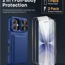 SSLOTSCASE for iPhone 17 Case with 2X Glass Screen Protector, Kickstand & Credit Card Holder & Sliding Lens Cover & Camera Stand & Wallet, TPU Soft Silicone Edge Protective Cover for iPhone 17, Blue