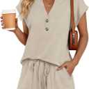 LILLUSORY Womens Henley 2 Piece Short Sets Summer 2026 Lounge Spring Beach Airport Travel Vacation Outfits Matching Sweatsuit (Beige, L)