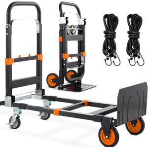 3-in-1 Folding Hand Trucks, 600Lbs Convertible Hand Truck Dolly, Heavy Duty Convertible Dolly with Retractable Handle and 4 Rubber Wheels, Collapsible Cart for Moving Office/Home/Warehouse(Orange)