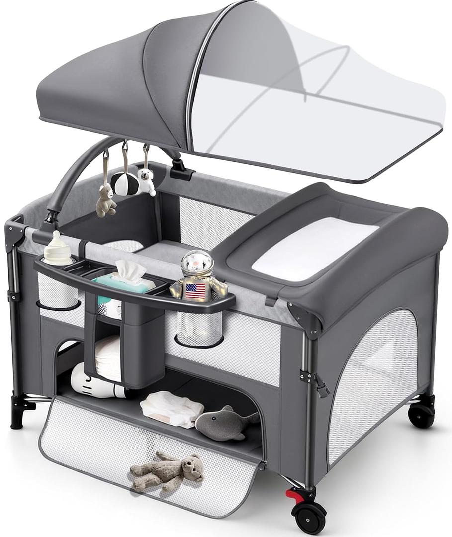4 in 1 Baby Bassinet Bedside Crib with One-Hand Setup & Waterproof Mattress ASTM-Certified Pack and Play, Portable Foldable Playard with Diaper Changer for Newborn to Toddler (Grey)