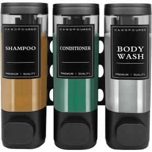 3-Chamber Wall Mount Shower Dispenser, No-Drill or Drill Install for Shampoo, Conditioner, Body Wash, Refillable Soap Dispenser for Home, RV & Hotel, Eco-Friendly & Space-Saving (Matte Black)