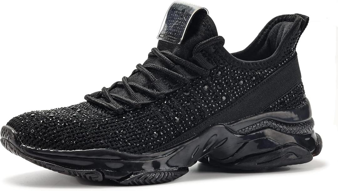 BELOS Women's Rhinestone Mesh Slip On Walking Shoes Fashion Breathable Spakle Glitter Sneaker (8.5)