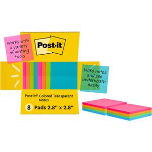 Post-it Transparent Notes, 2.8 in. x 2.8 in., Blue, Pink, Green and Orange Sticky Notes, School Supplies, Office Products, Great for Studying, 8 Pads