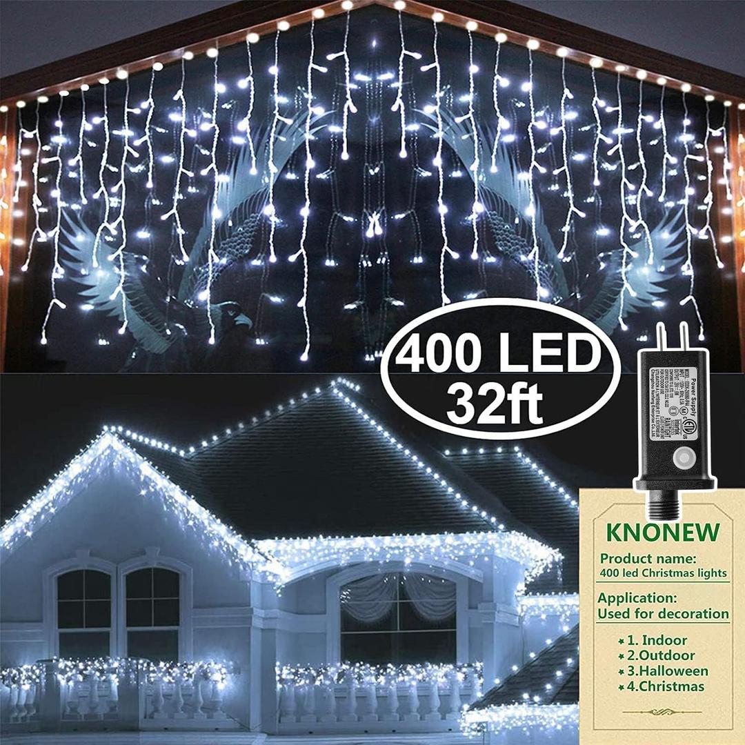 KNONEW Christmas Lights Outdoor Decorations 400 LED 33ft 8 Modes Curtain Fairy String Light with 75 Drops, Clear Wire LED String Light Decor for Wedding Party Holiday Christmas Decorations(Cool White)