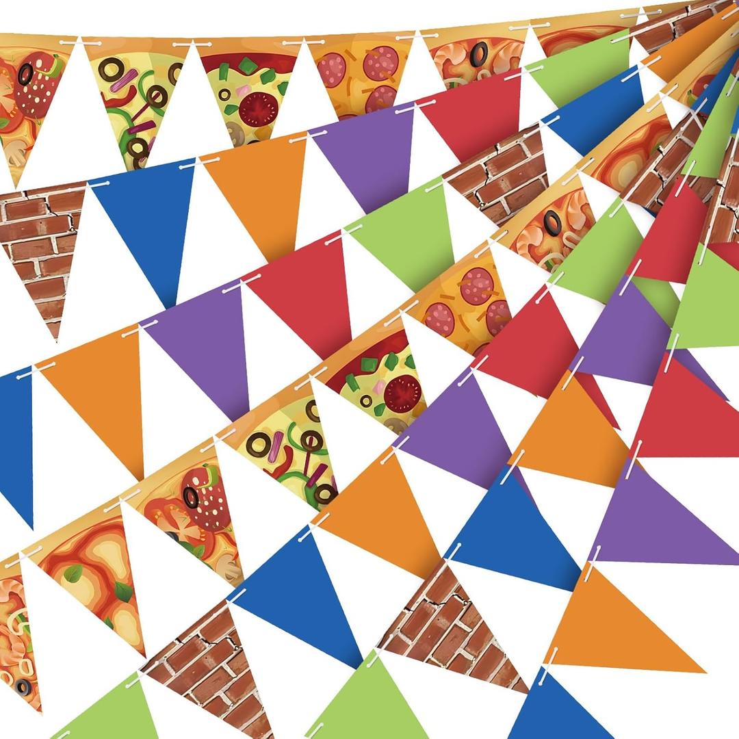 FuWeave 5 Pcs Turtle Party Banners Pizza Birthday Party Decorations Paper Banner Garland Pizza Pennant Flags Green Triangular Flag for Turtle Birthday Supplies