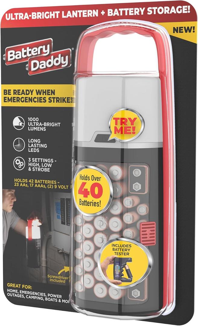Battery Daddy Lantern, 2-in-1 Battery Powered Lamp & Battery Organizer, Ultra-Bright 1,000 Lumens Utility Light, Stores & Protects Up to 42 Batteries, Includes Battery Tester & Screwdriver (Lantern - 42 Batteries)