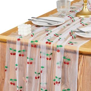 2 Pack Glitter Cherry Table Runner 35x120 Inch Cherry Birthday Party Decorations Fruit Summer Lace Tulle Fabric Table Dining Room Kitchen Holiday Wedding Baby Shower Veil Decor