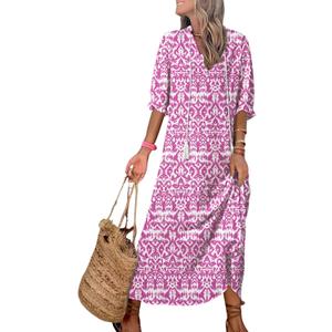 Dokotoo Women Boho Summer Dress 2024 Frill Short Sleeve Tassel V Neck Ruffle Flowy A-Line Maxi Dresses (M)