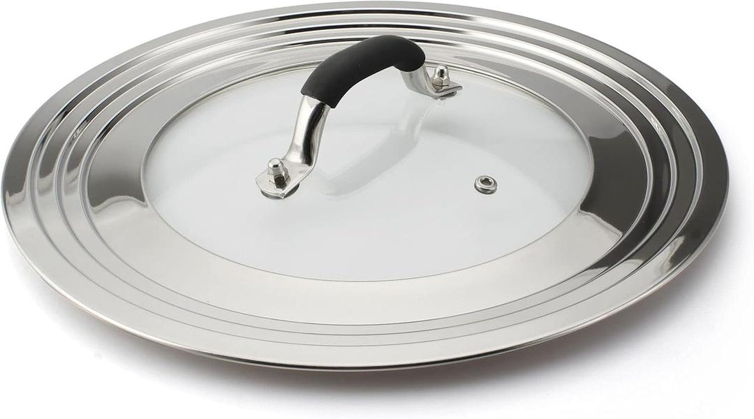 Stainless Steel Universal Lid for Pans Pots Fits 8.25 9 10 11 12 Inch Cast Iron Skillets Frying Pans Woks - Design with Heat Resistant Handle and Vent Hole - Black Handle