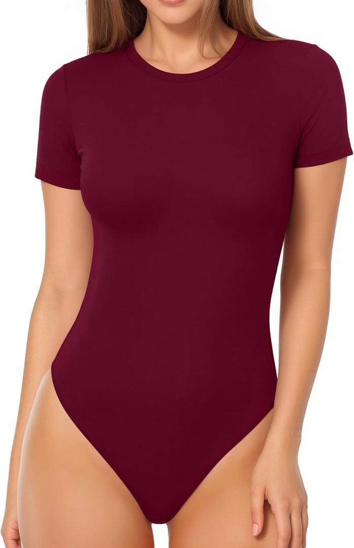 MANGOPOP Women's Round Neck Short Sleeve Bodysuit T Shirts Basic Body Suit Tops (Red, M)