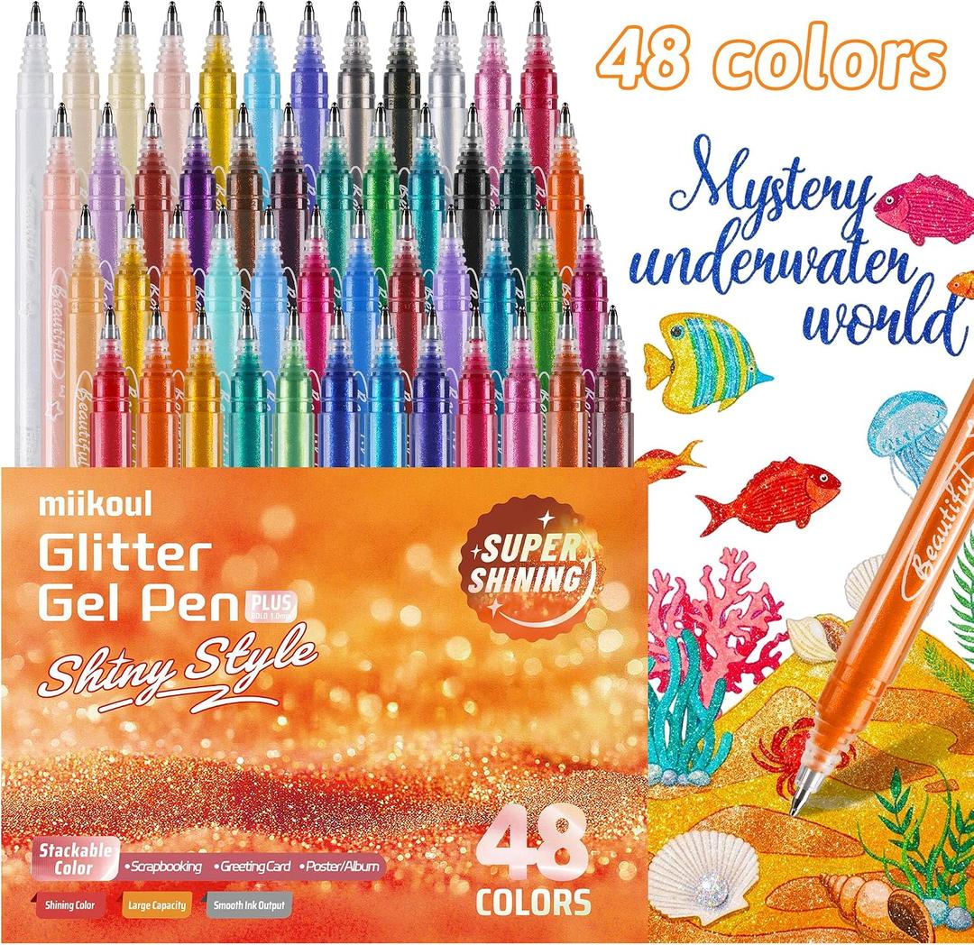miikoul Jumbo Glitter Gel Pens, 48 Pack 1.0mm Fine Tip Large Capacity Colored Drawing Pens Sparkly Metallic Shimmer Paint Pen Water-Based Ink for Adults Coloring DIY Craft Making Dooding Scrapbooking