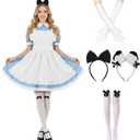 Tvnxdgl Alice Costume Women Wonderland Maid Outfit Anime Lolita Dress Halloween Cosplay Maid Apron Gloves Headband Socks Set, Size 2XL