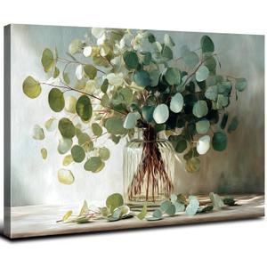 Nature Eucalyptus Canvas Wall Art for Kitchen Sage Green Wall Decor Mason Jar Green Leaf Bouquet Picture 16x24", Watercolor Botanical Posters Prints Painting Artwork for Living Room Home Decorations