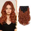 BARSDAR Copper Red Clip in Hair Extensions - 12 Inch Short Wavy Copper Red Clip in Hair Extensions for Women - 6PCs Full Head Thick Soft Synthetic Auburn Hairpieces Daily Party