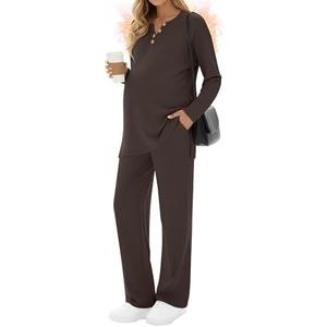 Sweetyweee 2 Piece Thermal Maternity Lounge Set Postpartum Pregnancy Fleece Loungewear Long Sleeve Top and Wide Leg Pant XL