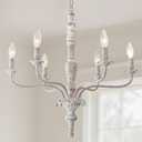 6-Lights French Country Chandelier Farmhouse Rustic Distressed Wood White Chandelier Vintage Modern Candle Style Wooden Chandeliers for Dining Room, Living Room, Kitchen Island, Bedroom, E12