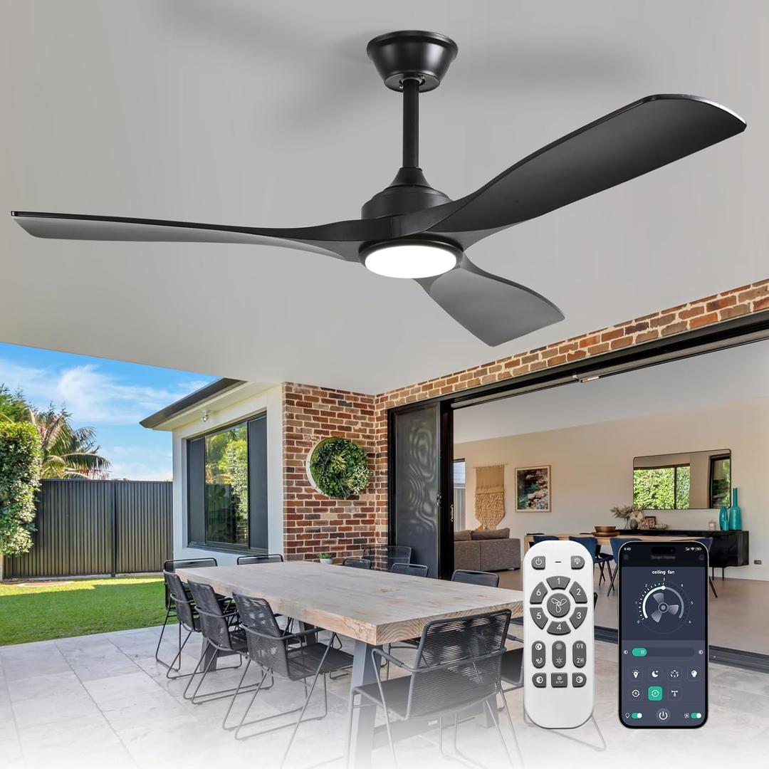 Depuley 52-Inch Ceiling Fan with Light: Black 3 Blade Outdoor Fans for Patios - Dimmable Indoor Fan with Remote APP Control Ultra Quiet DC Motor Reversible 6 Speed Timer (52 Inch-with Remote+APP)