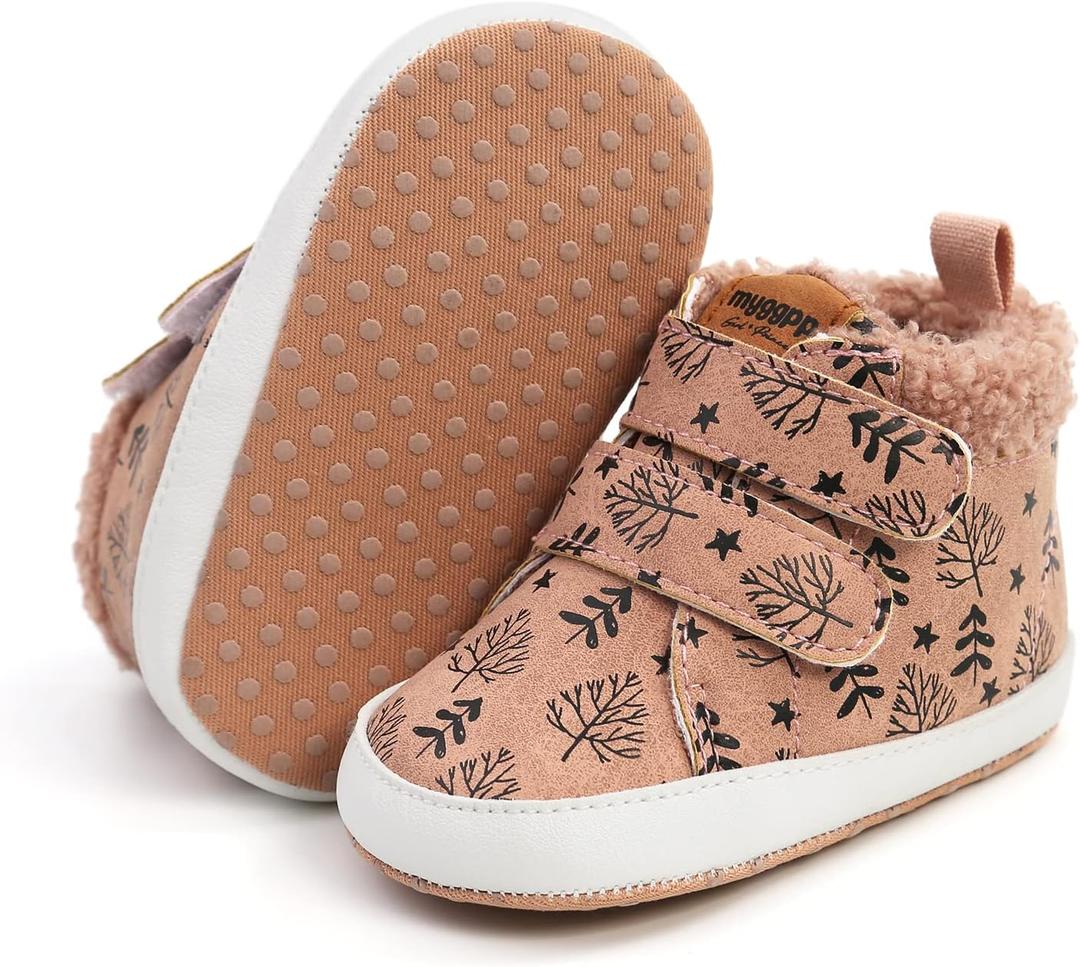 SOFMUO Baby Boys Girls High Top Ankle PU Leather Sneakers Soft Rubber Sole Infant Moccasins Newborn Oxford Loafers Anti-Slip Toddler Wedding Uniform Dress Shoes (12-18 Months Infant, Fuzzy/Leaf)