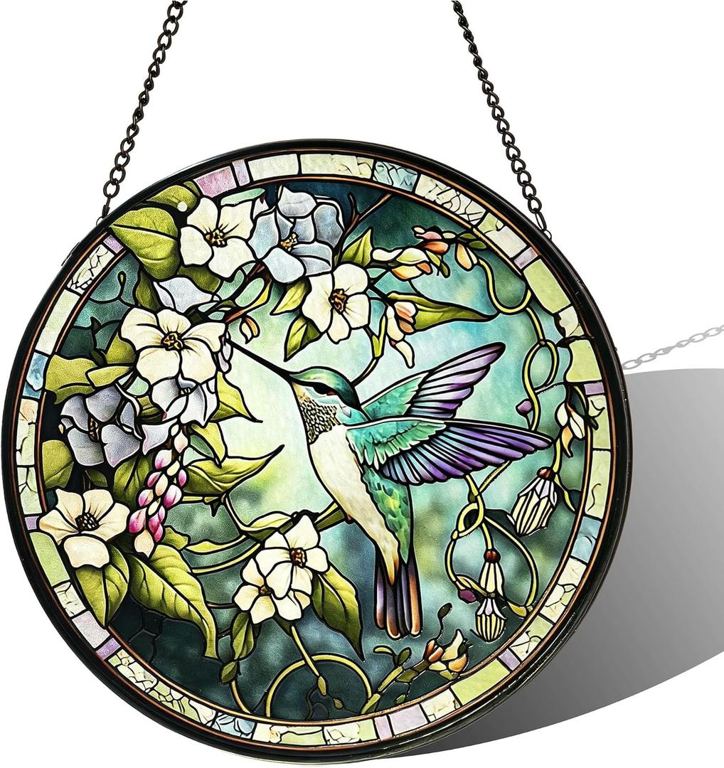 Stained Glass Sun Catcher,Fly Humming bird Stained Glass Window Hanging Garden Decor, Sun Catchers Indoor Window, Whimsical Decoration for Home Backyard Patio Lawn Porch with 6.3 INCH