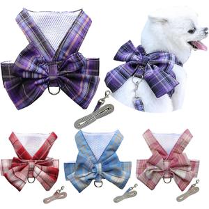 Plaid Dog Dress Bow Tie Harness Leash Set,Dog Clothes Harness Dress with Leash Ring for Small Dogs Girl, Puppy Princess Rabbit Clothes Chihuahua Yorkies Pet Outfits (Purple, Medium)