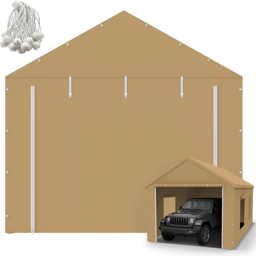 10x20FT Carport Canopy Front/Back Panel Entrance Door Tarp with Zippers, Waterproof & UV Protected Replacement Sidewall Cover with Ball Bungees (Beige)