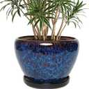 10.6 Inch Ceramic Planter with Saucer for Indoor Plants (Speckled Blue)