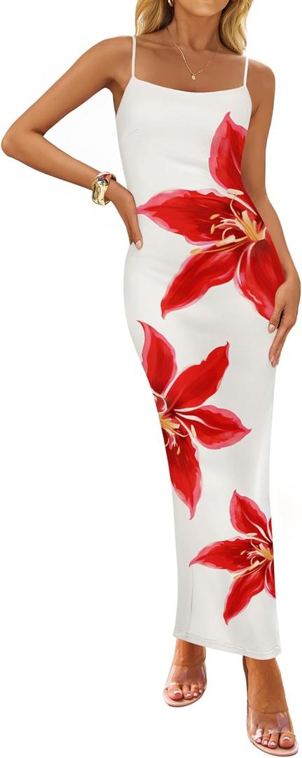 ZESICA Womens Summer Bodycon Maxi Dresses 2026 Floral Spaghetti Strap Square Neck Sleeveless Boho Beach Long Dresses (Medium, White)