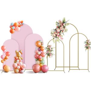 Arch Backdrop Stand and Cover Set, 3 Metal Balloon Arch Backdrop 4ft 5ft 6ft, Gold Arched Stand Frame for Wedding, Parties,Birthday, Event Decorations (Pale Pink,4ft+5ft+6ft)