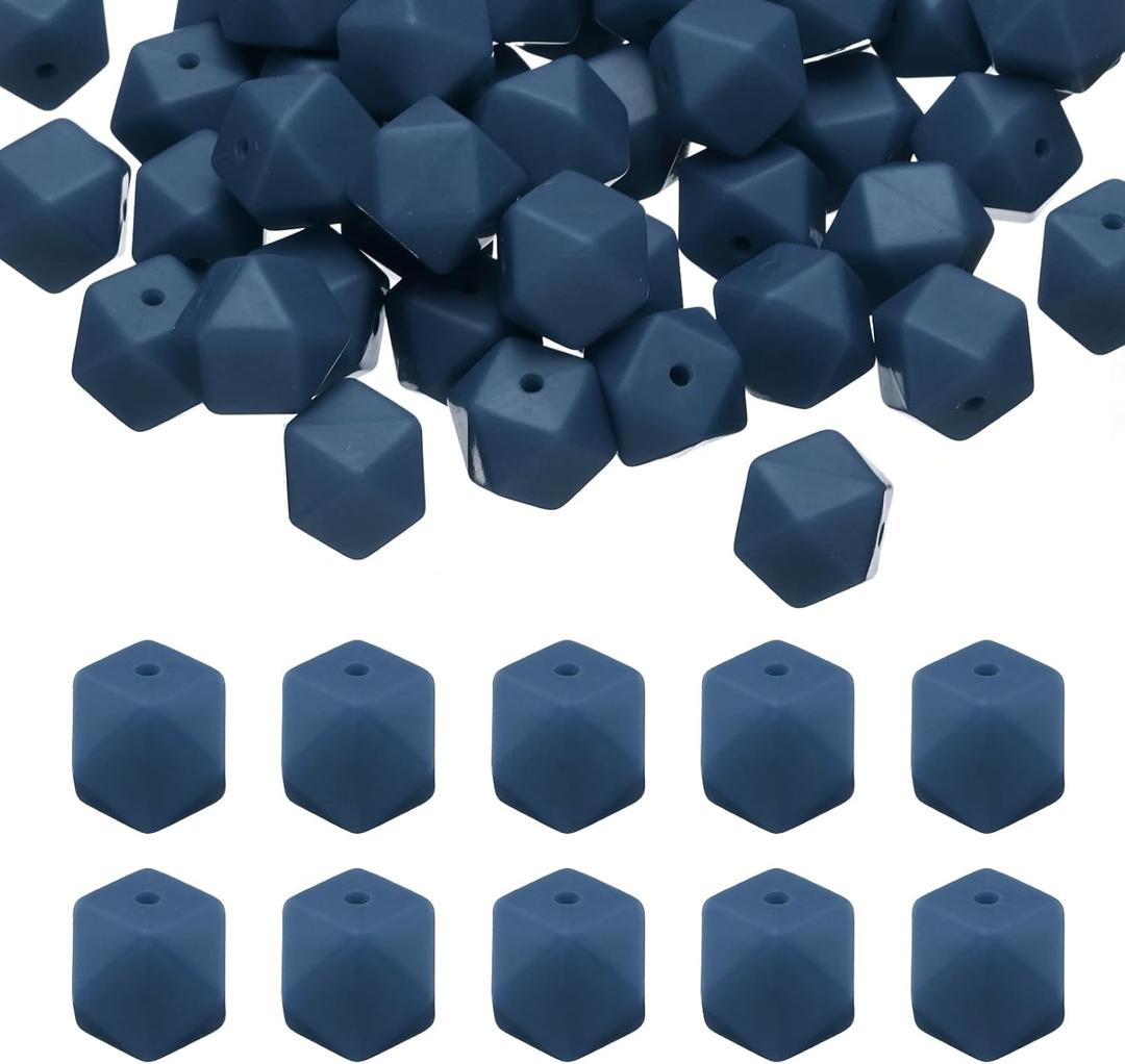 HARFINGTON 50Pcs Hexagonal Silicone Beads 14mm Geometric Focal Loose Beads Bulk for Keychain Lanyard Necklace Bracelet Making DIY Pen, Navy