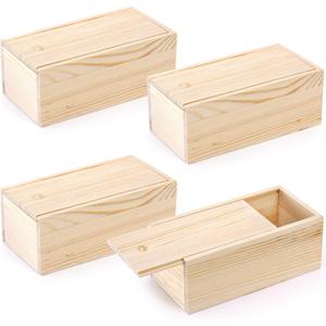 yarlung 4 Pack Unfinished Wood Storage Box with Slide Lid, Vintage Cards Container Small Gift Box for Art Hobbies, DIY Craft, Desktop Bead Organizer, Jewelry Storage