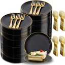 Festiva 400Pcs Black Gold Dessert Plates 6.3" with Forks 5"- 200PCS Small Disposable Dessert/Cake/Appetizer Plates and 200PCS Forks - Serve 200 Guests for Halloween Party&New Year