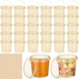 Funnymoom 32 Pack 32oz Gold Glitter Buckets with Lids and Straws Ice Cream Cocktail Rum plastic Buckets for Drinks Reusable Food Containers Glitter Cup with Handle for Wedding Birthday Holiday Parties