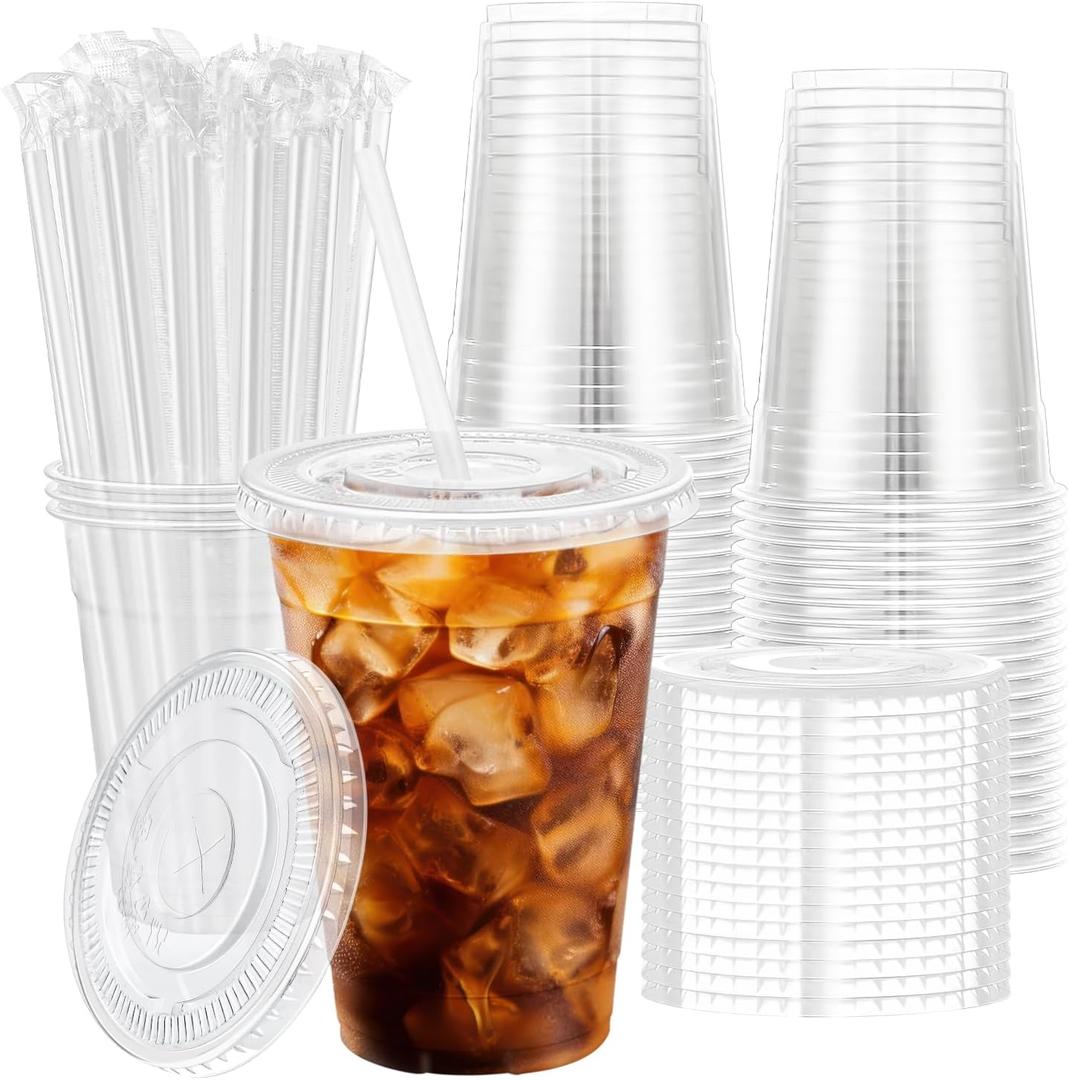 100 Pack 16 oz Disposable Plastic Cups with Lids and Straws, Clear Party Coffee Cups for Cold Beverages, Smoothies, Iced Coffee, and Leak-Proof, BPA-Free
