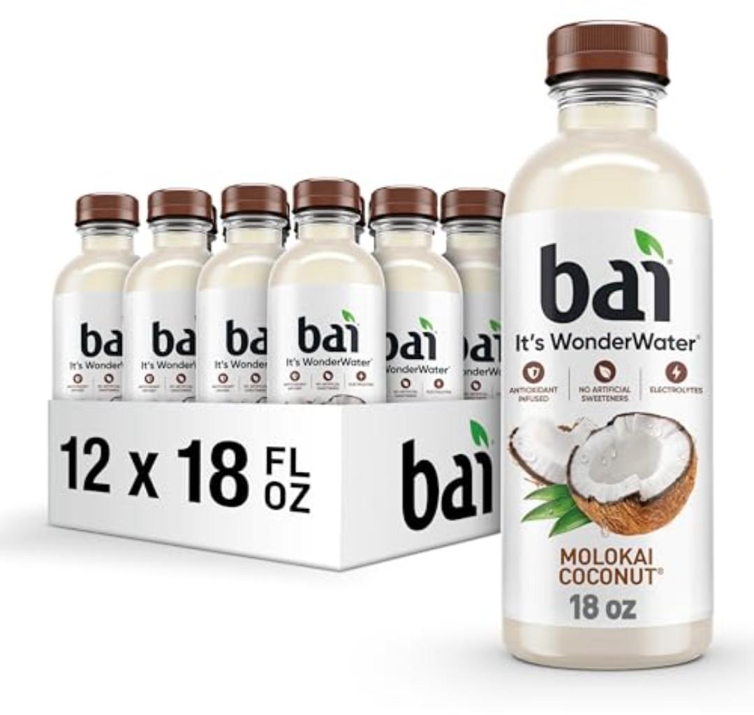 Bai Antioxidant Infused Water Beverage, Molokai Coconut, with Vitamin C and No Artificial Sweeteners, 18 Fluid Ounce Bottle, 12 Pack EXP: 03/18/2026