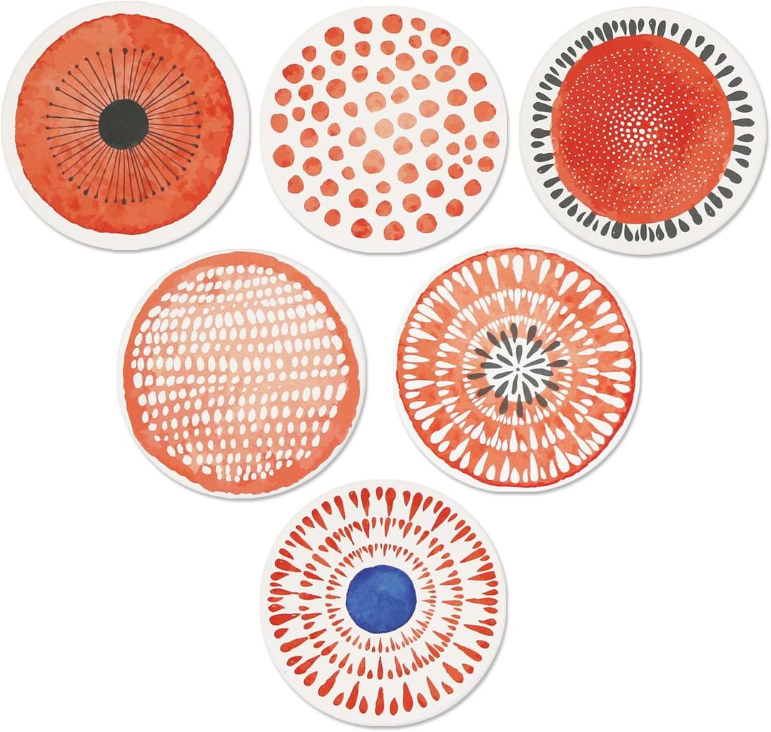AD Set of 6 Coasters for Drinks Absorbing Round Ceramic Stone Coaster with Cork Base Tabletop Protection Mat for Mugs and Cups,Office,Kitchen (Coral Watercolor Series)
