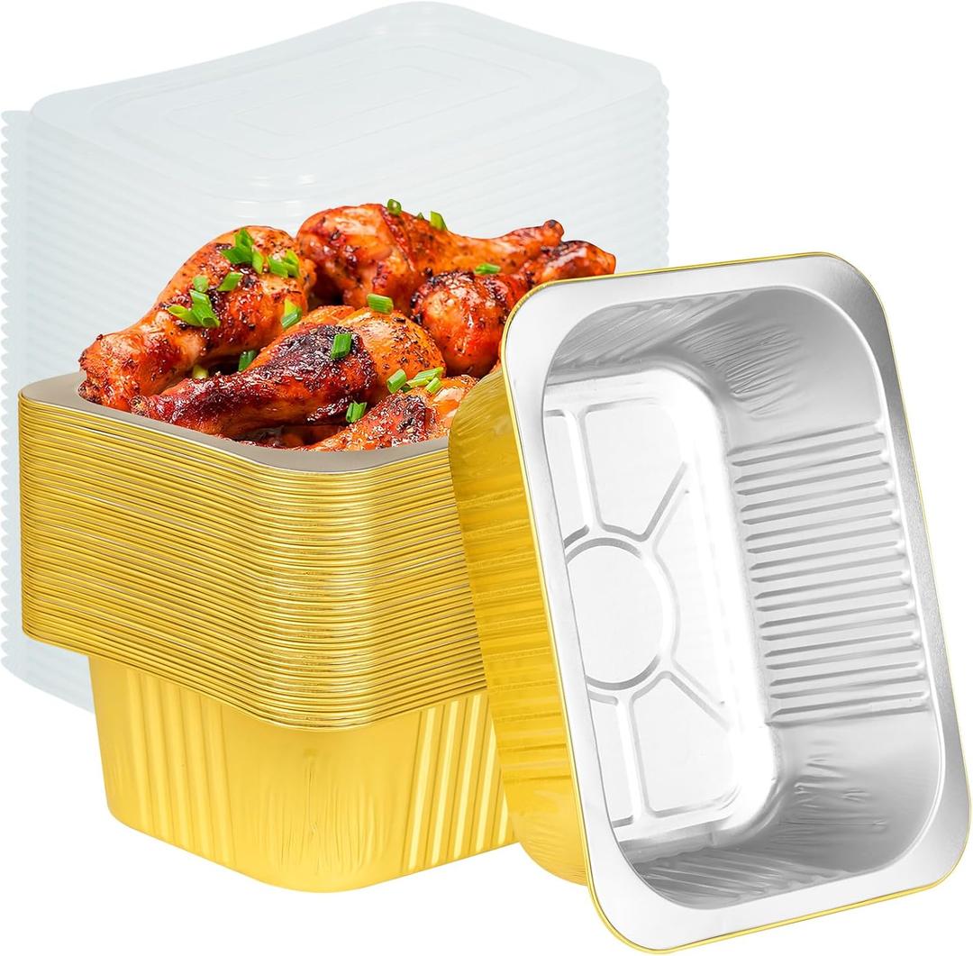 40 Pack 8.7"6.6"2.4" Gold Aluminum Foil Pans with Lids Heavy Duty, 3 LB Foil Food Containers with Lids, Disposable Tin Foil Pans for Baking, Meal Prep, Freezer, Heating and Takeout